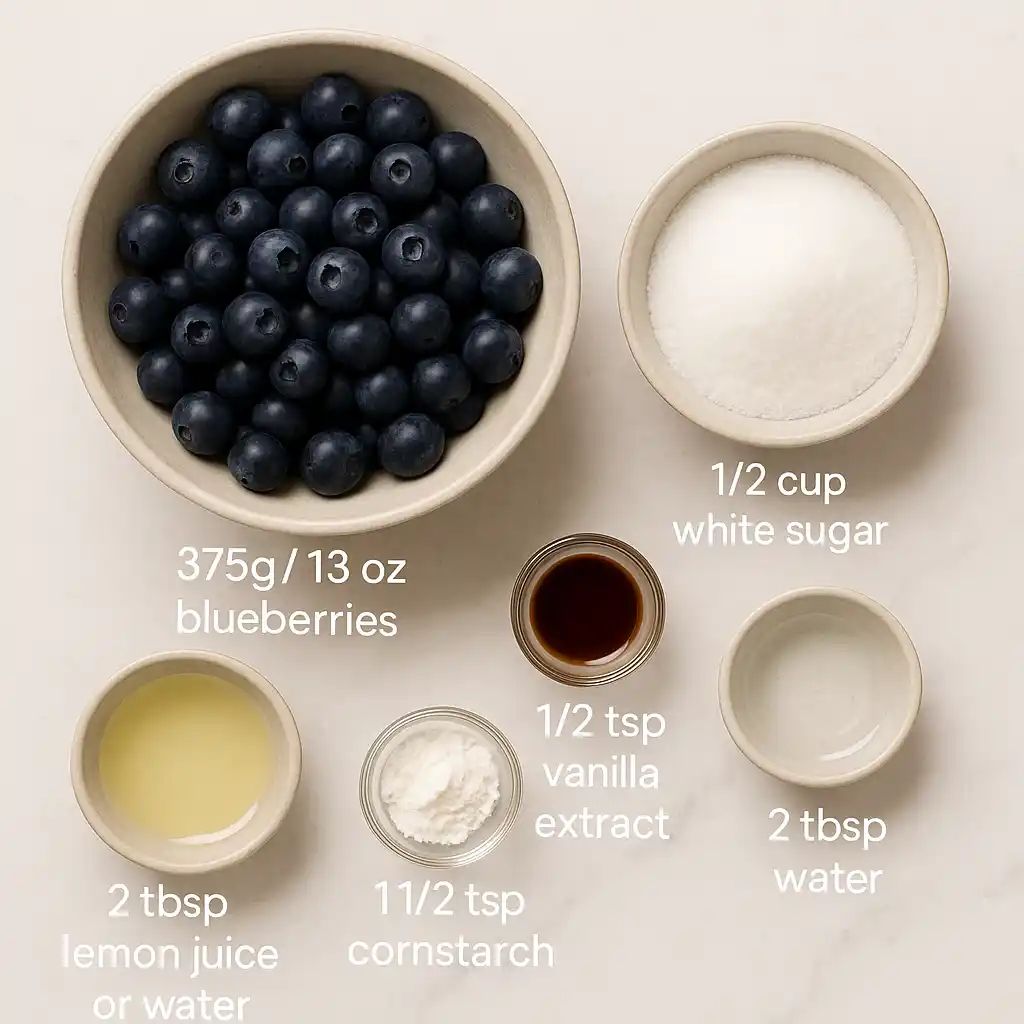 Ingredients for blueberry cheesecake topping – blueberries, sugar, lemon juice