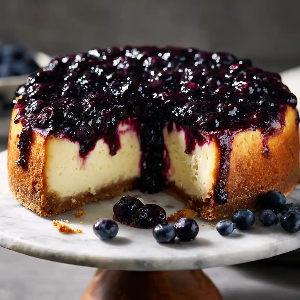 Whole blueberry cheesecake with topping and one slice removed