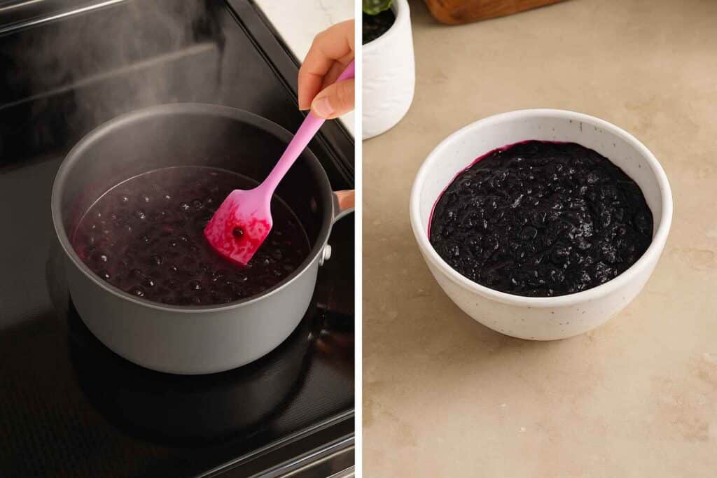 Cooking and finished blueberry compote for blueberry chiffon cake