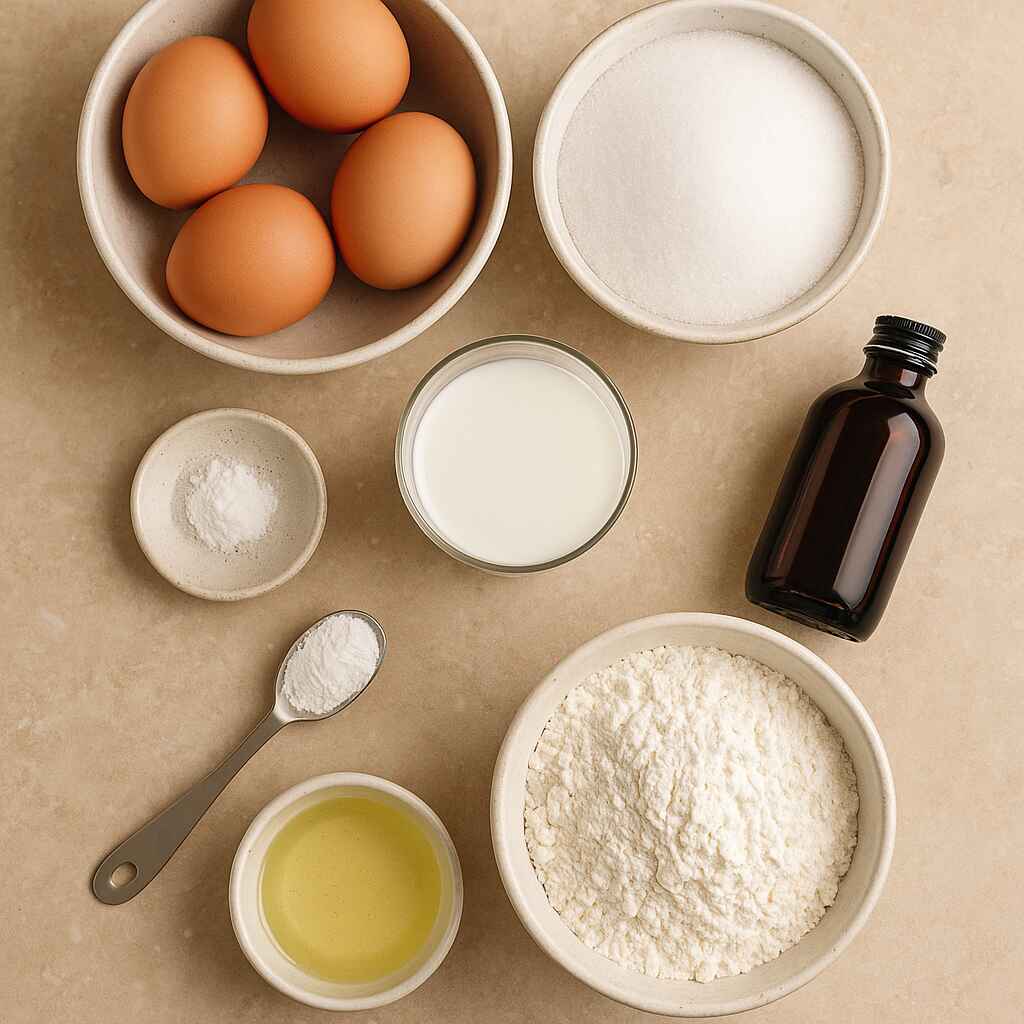 Ingredients for blueberry chiffon cake including eggs, flour, milk, sugar, oil, vanilla