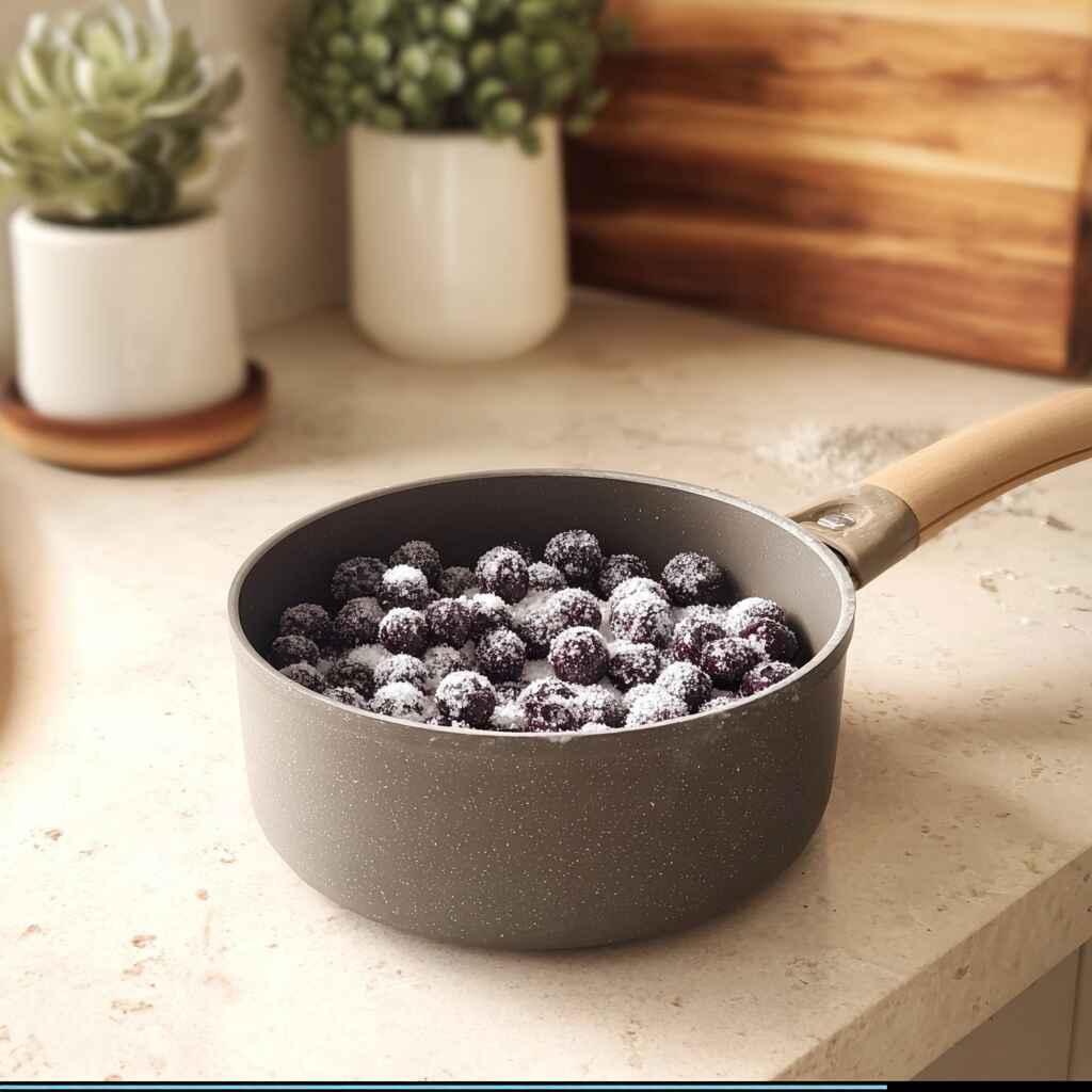 Frozen blueberries coated in sugar in a saucepan