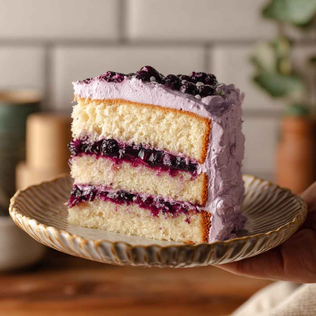 Slice of blueberry chiffon cake with whipped cream and blueberry compote