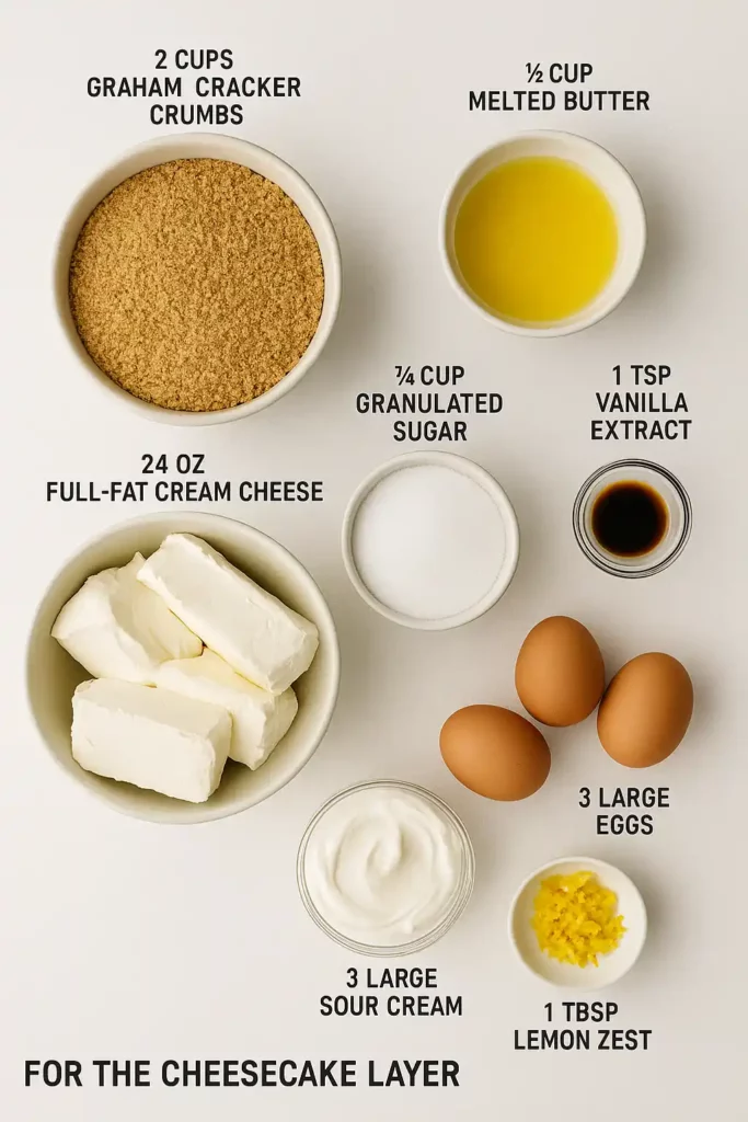 Ingredients for blueberry cobbler cheesecake including cream cheese, graham crackers, butter, eggs, and sour cream