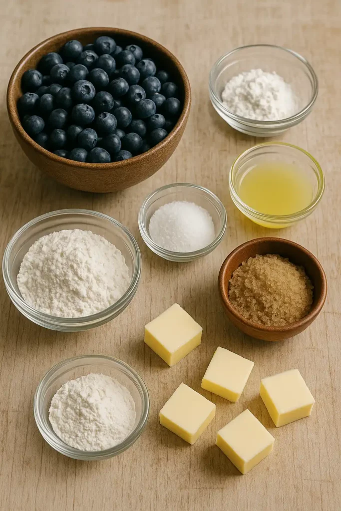 Blueberries, flour, sugar, butter, lemon juice, and brown sugar for cobbler topping