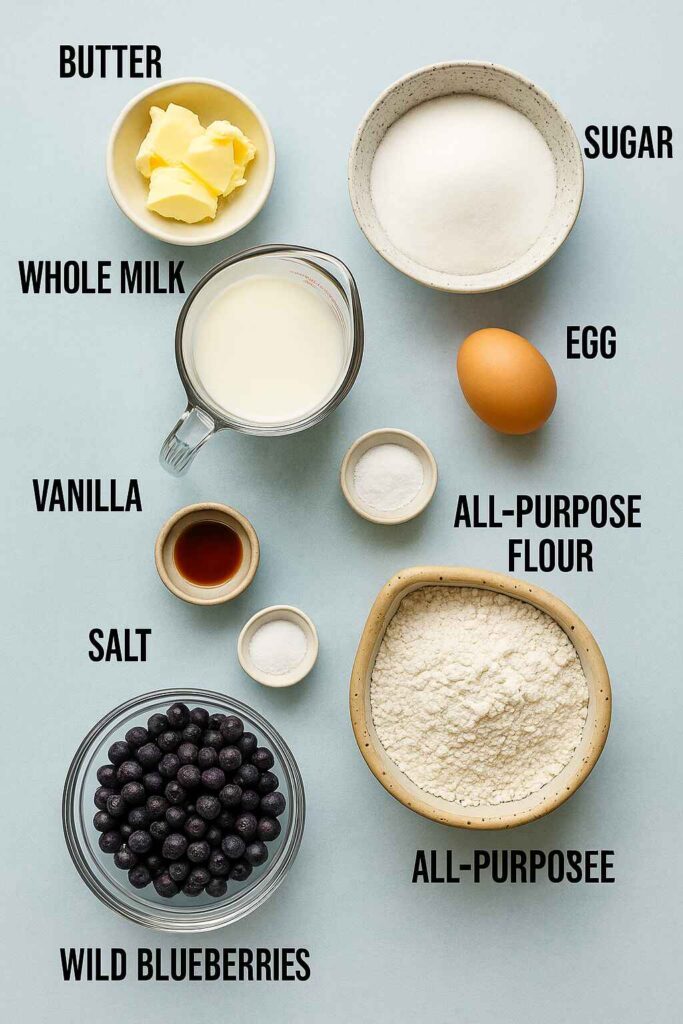 blueberry donut cake ingredients flat lay