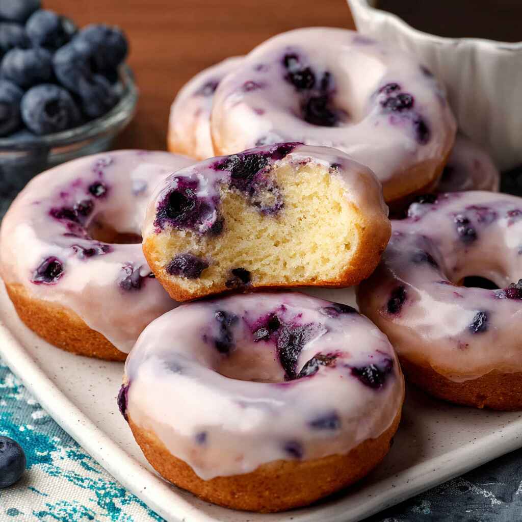 glazed blueberry donut cakes on serving plate