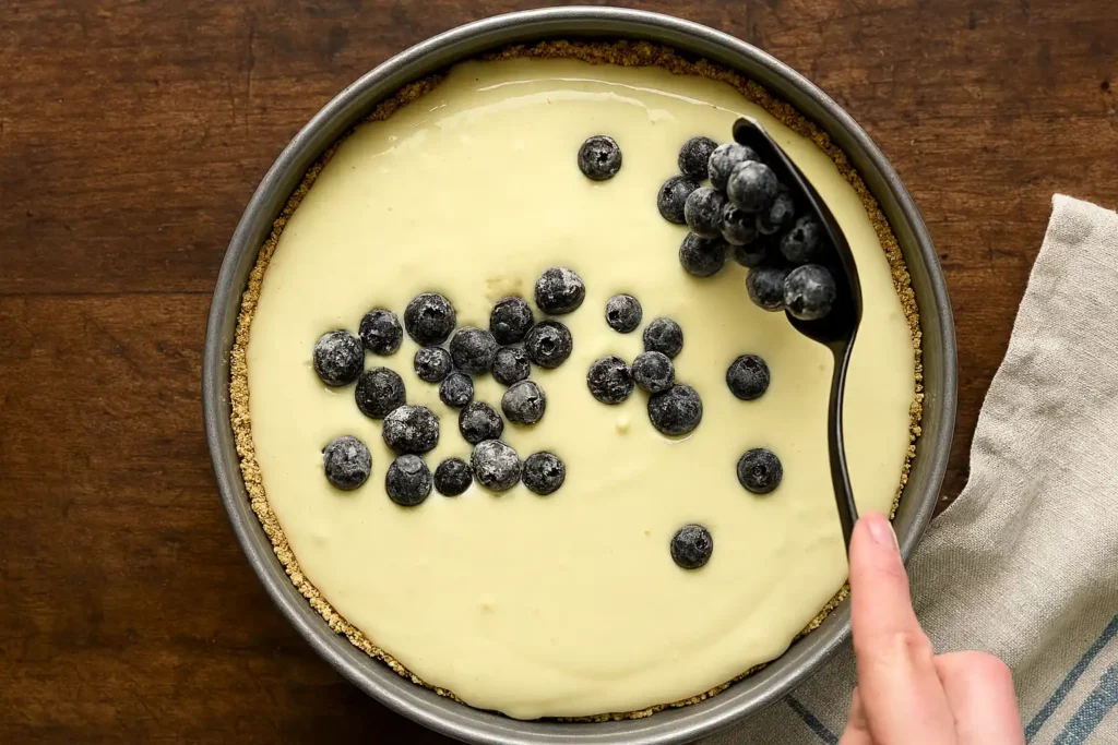 Spoonful of blueberries being added to cheesecake filling in graham cracker crust