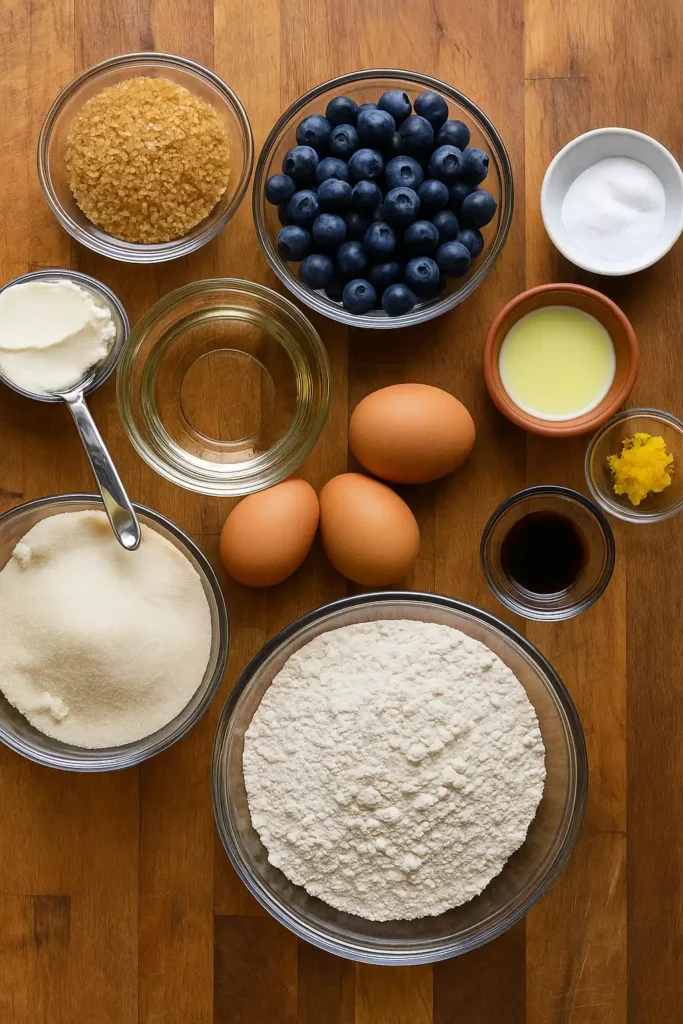 Ingredients for blueberry lemon mascarpone cake arranged on wooden surface