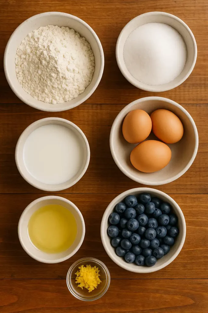 Ingredients for blueberry muffin recipe laid out on a table
