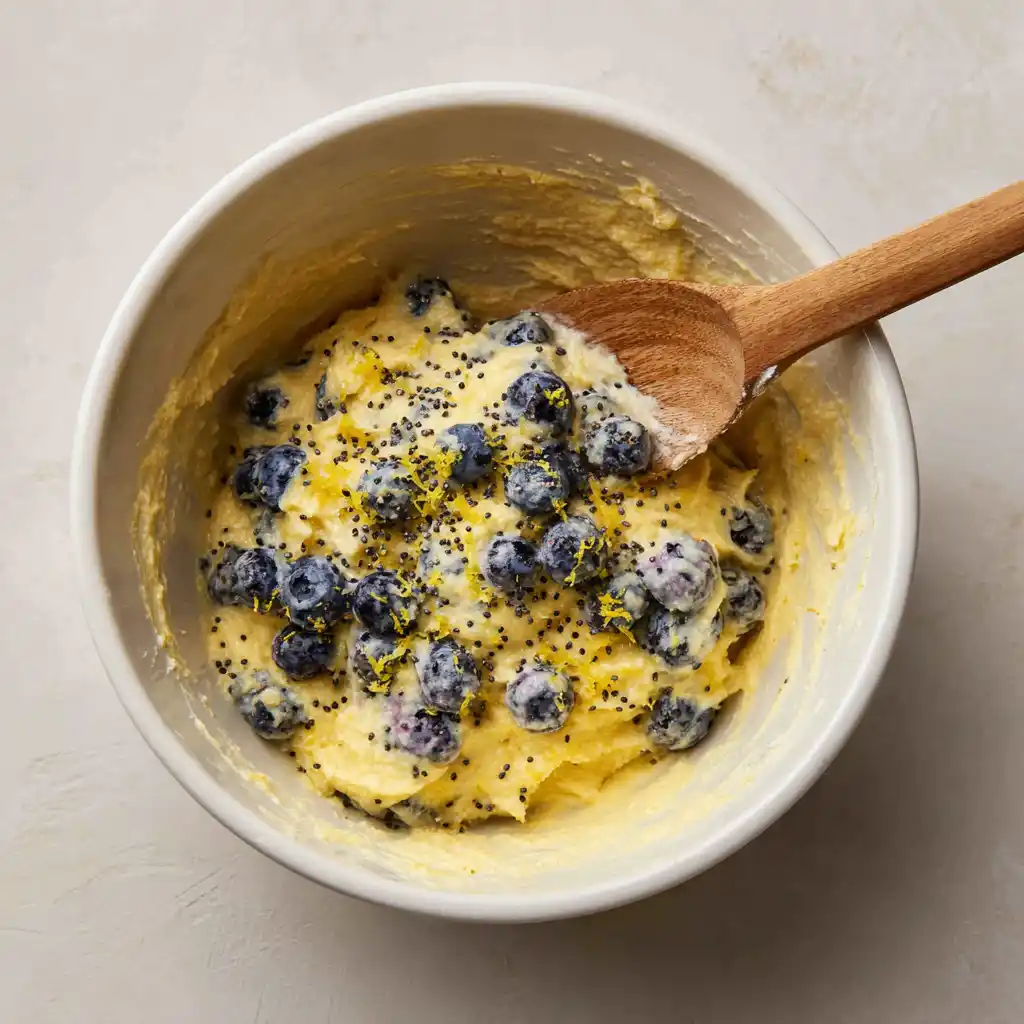 muffin batter with blueberries and poppy seeds being mixed