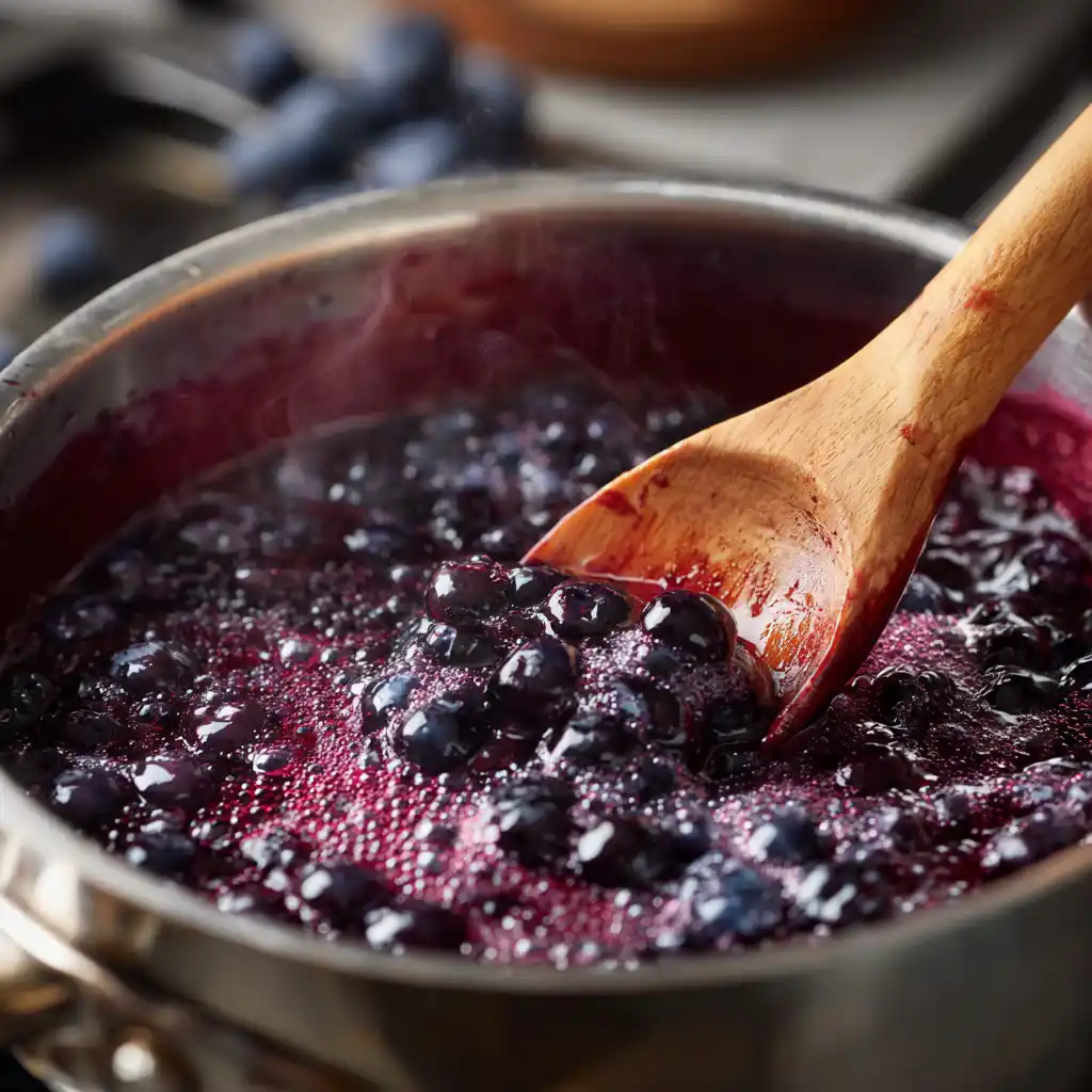 blueberries simmering in a saucepan with a wooden spoon to make swirl for cheesecake ice cream