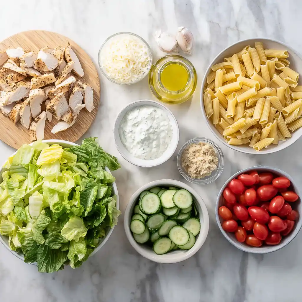 Ingredients for high protein Caesar pasta salad