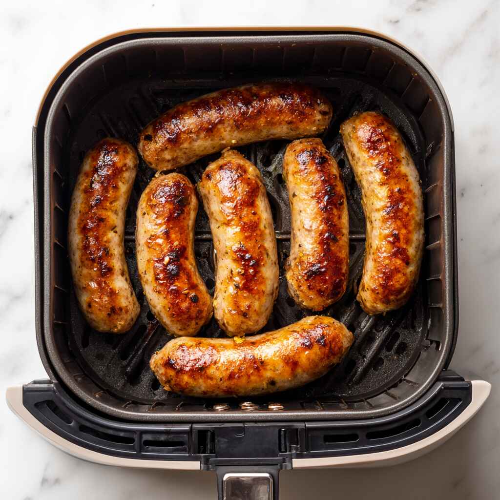 Sausages in air fryer basket before cooking