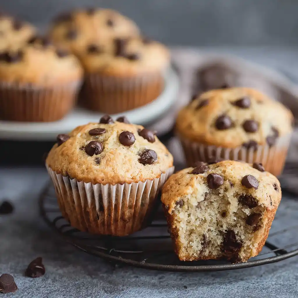 Chocolate chip protein muffins sliced to show texture