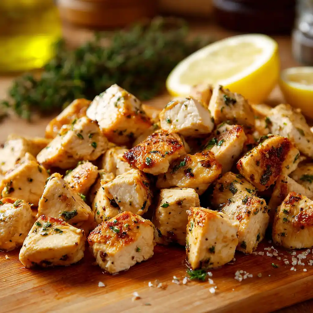 Diced grilled chicken for Caesar pasta salad