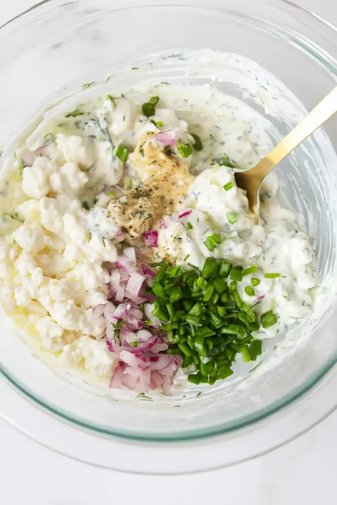 Cottage cheese egg salad ingredients in a clear mixing bowl