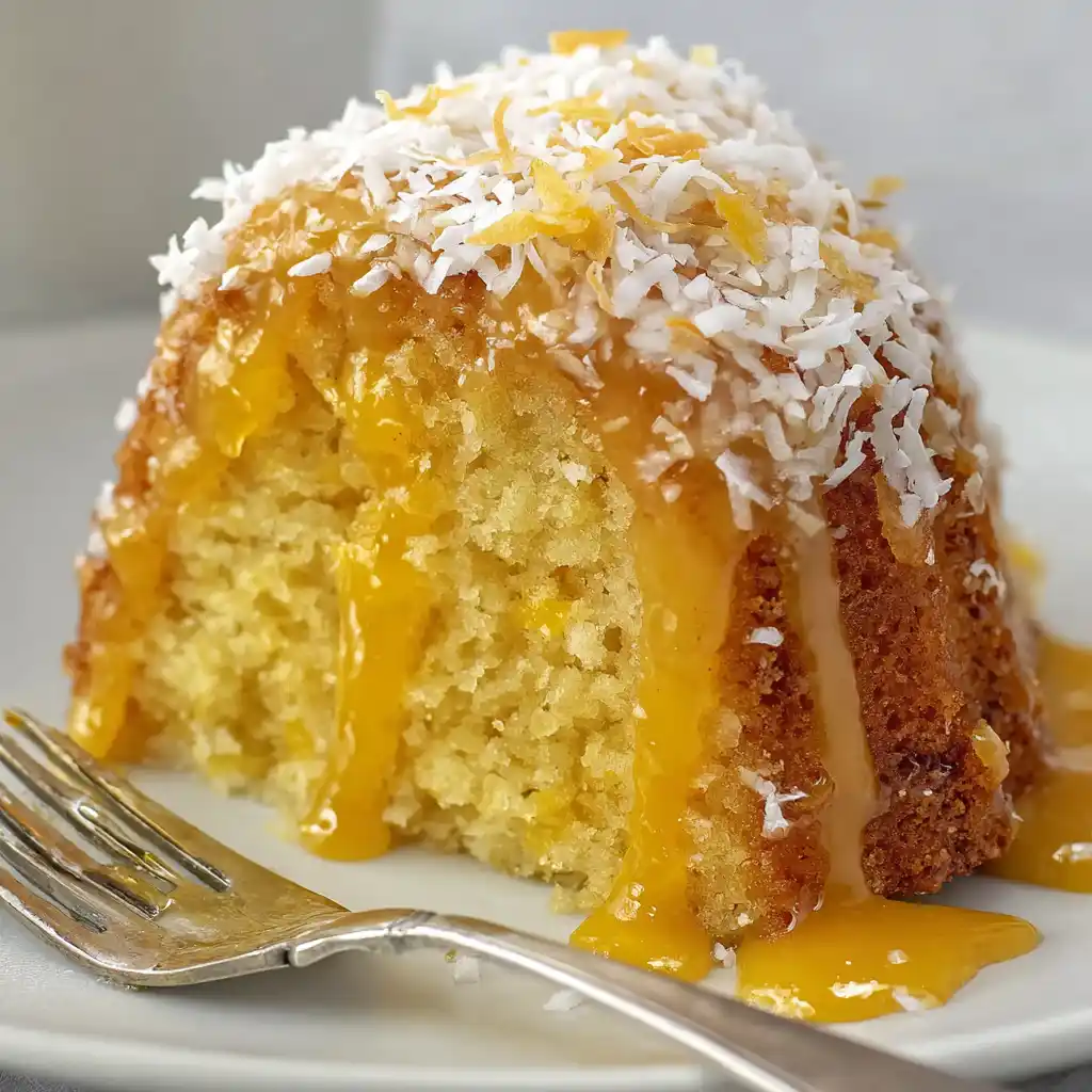 Slice of Cuban mango cake topped with mango glaze and shredded coconut