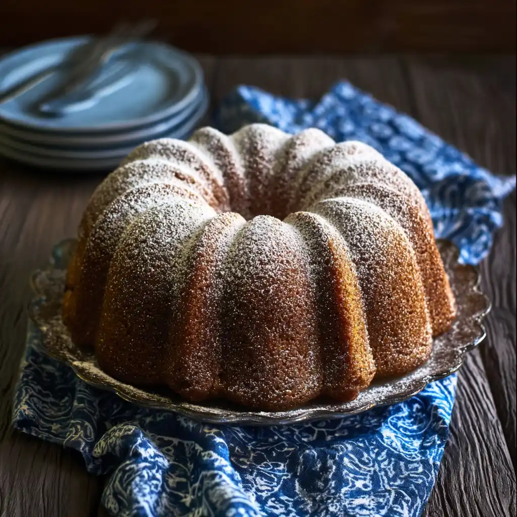 Cuban rum cake dusted with powdered sugar on a vintage plate