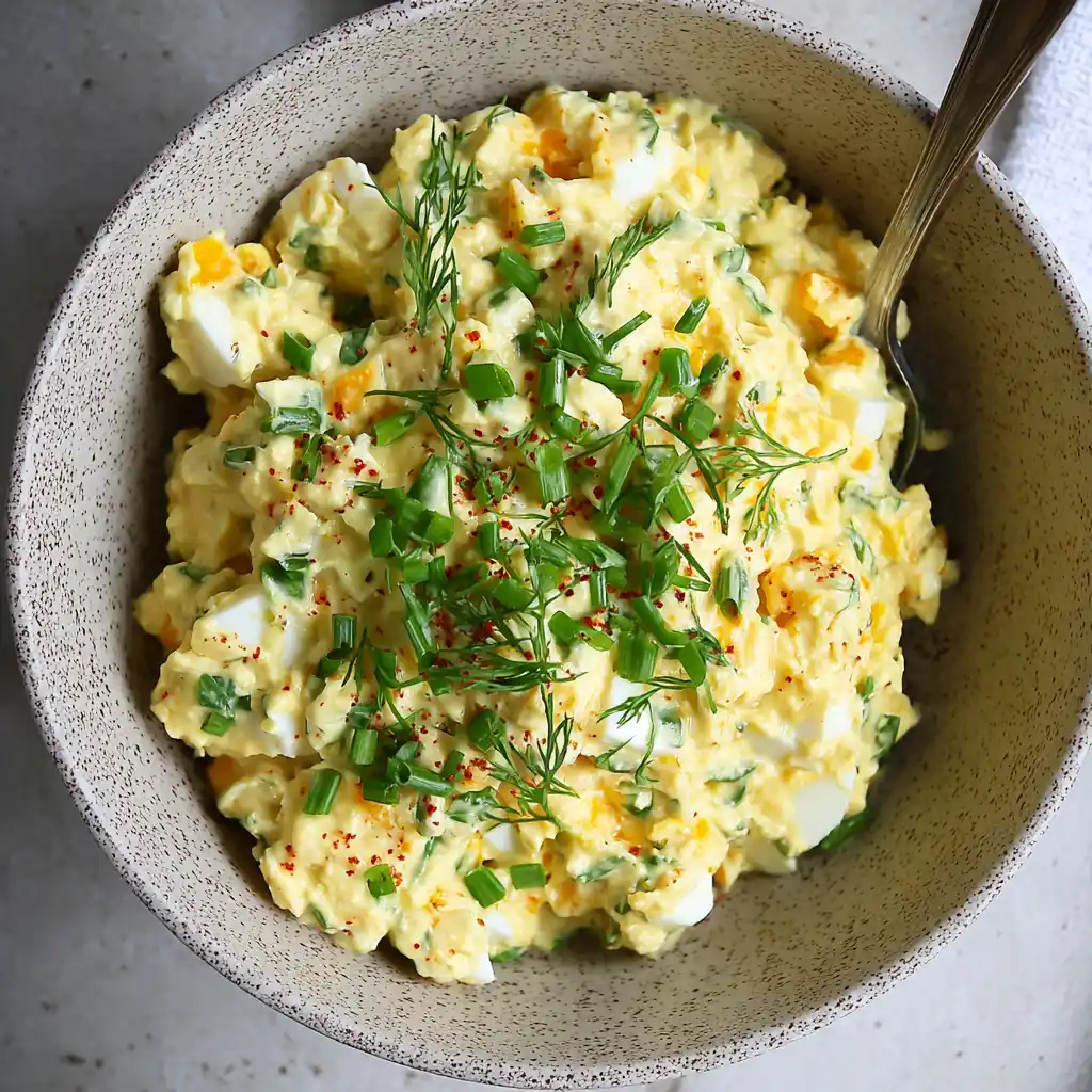 Final dish of high protein egg salad with cottage cheese