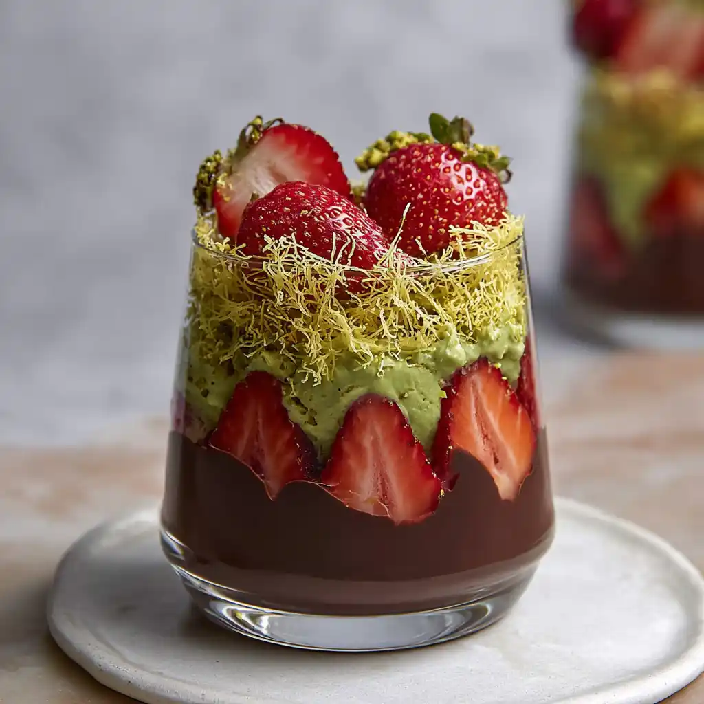 Finished Dubai Chocolate Strawberry Cups ready to serve