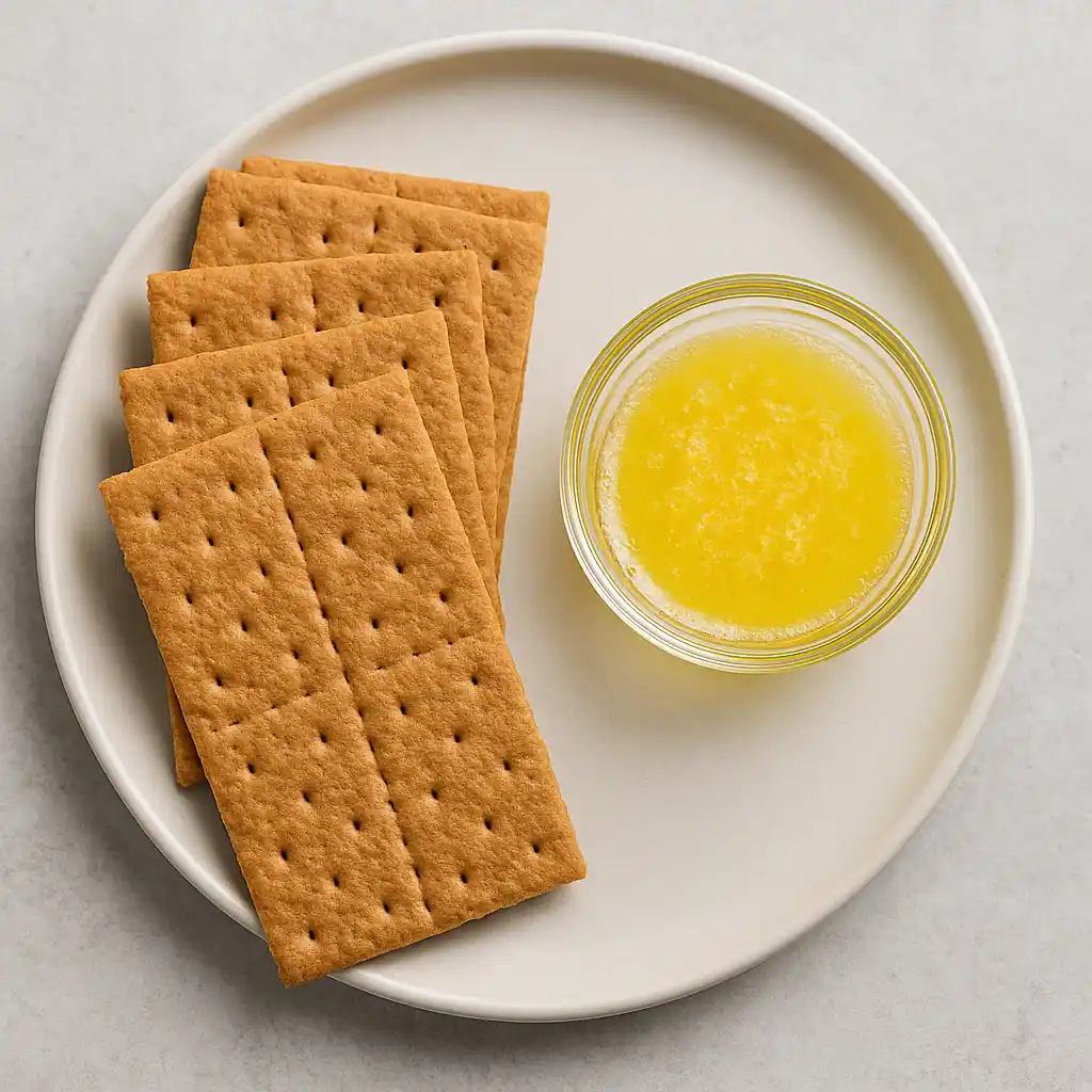 graham crackers on a plate with a bowl of melted butter for blueberry cheesecake ice cream