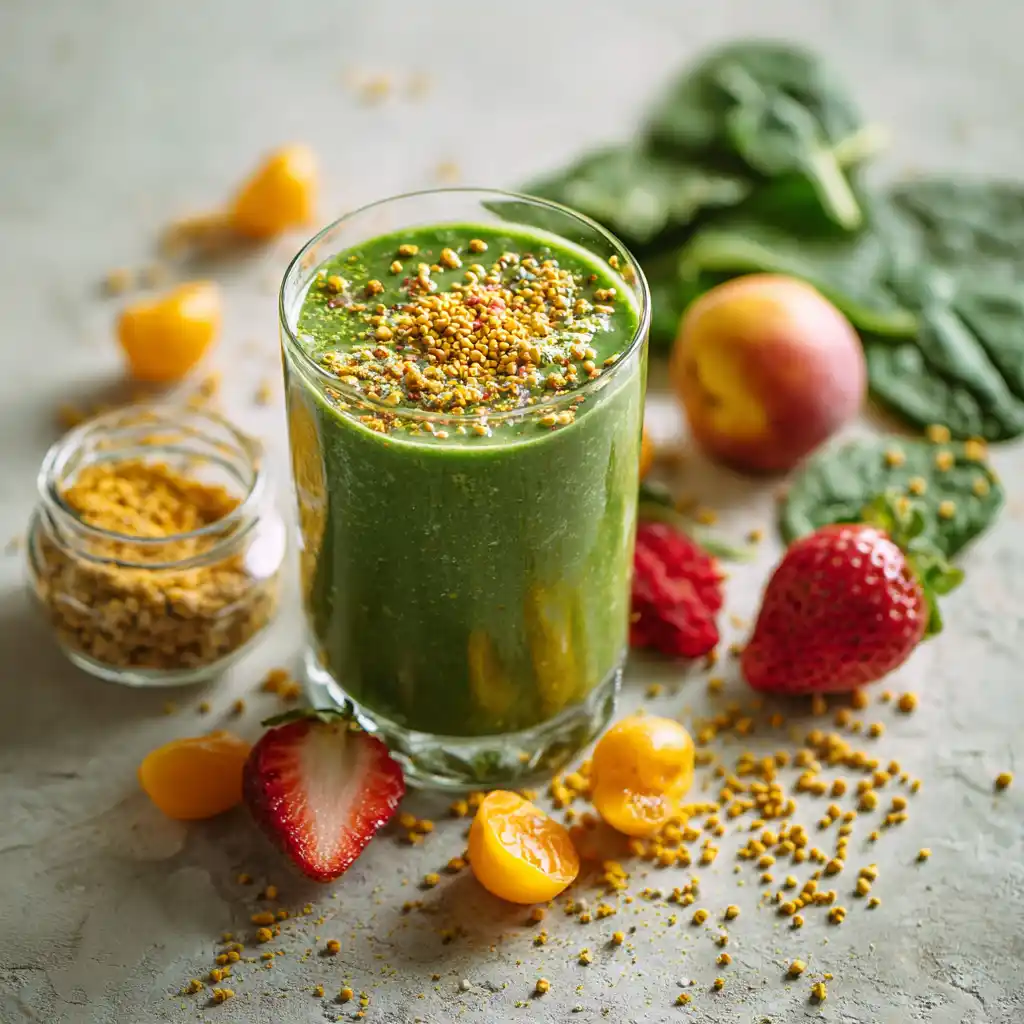 Green smoothie topped with bee pollen surrounded by spinach, fruit, and a jar of bee pollen