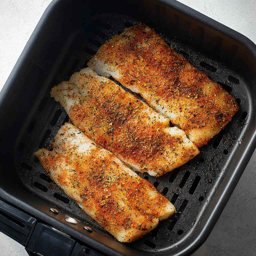 Seasoned haddock fillets ready in air fryer basket