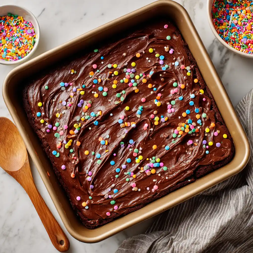 Chocolate frosting spread on high protein cosmic brownie base