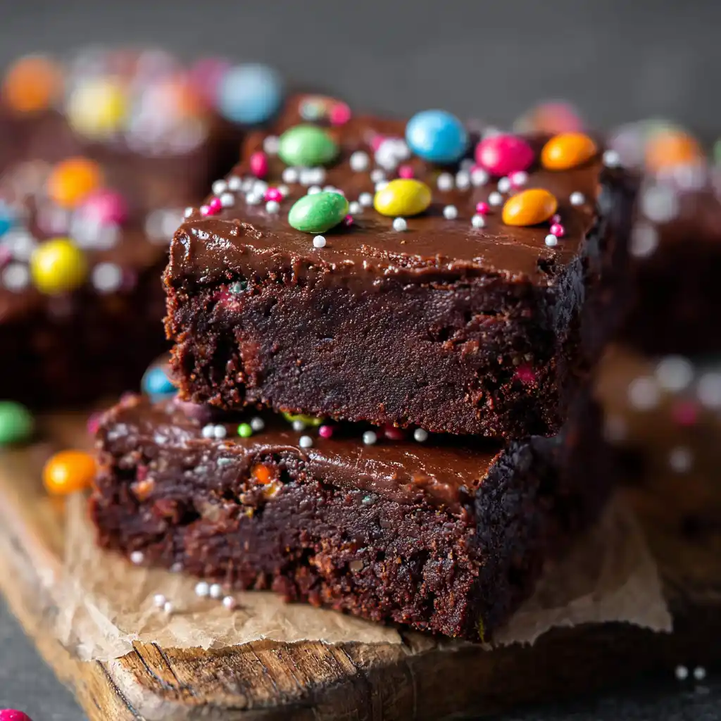 Sliced high protein cosmic brownies on white plate