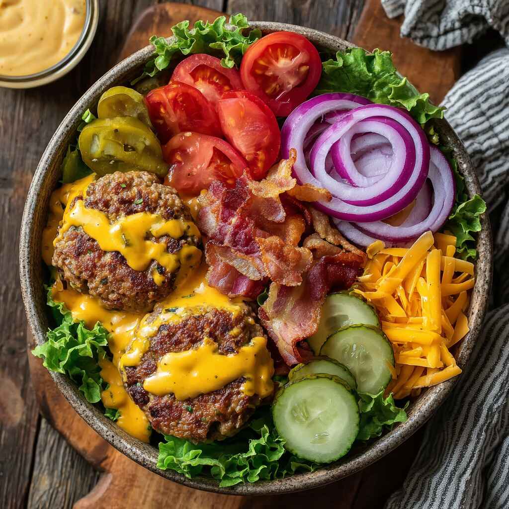 High protein low carb burger bowl with turkey bacon, cheddar, and fresh veggies