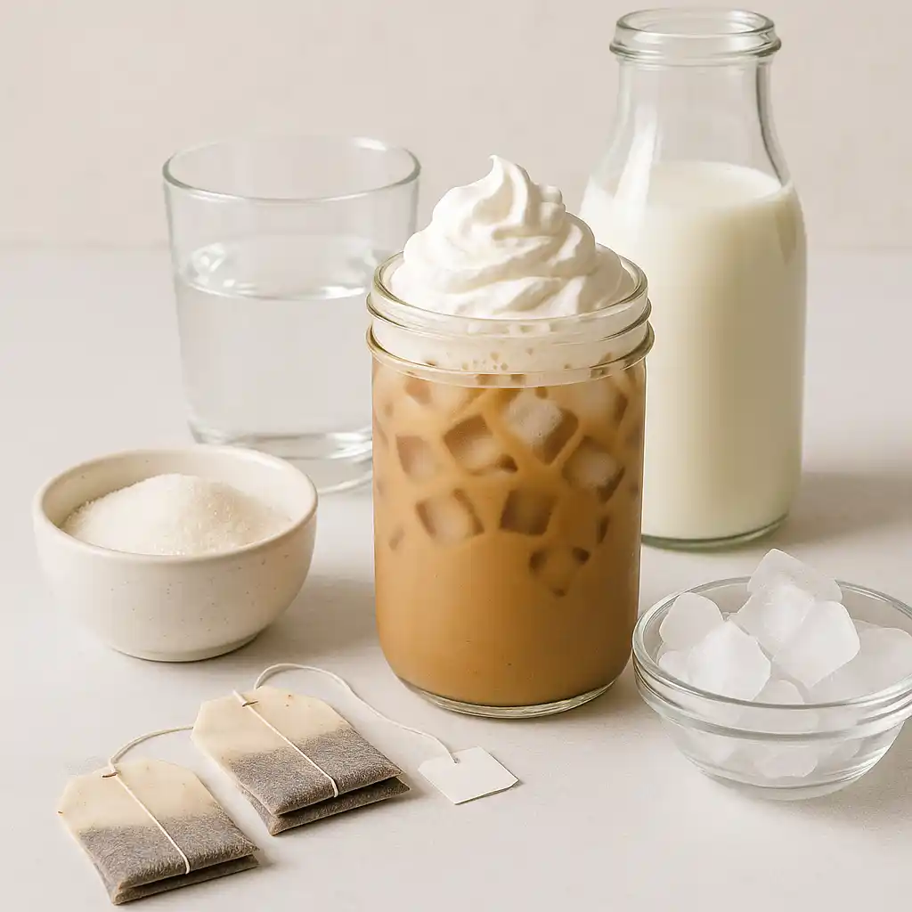 Ingredients for iced vanilla chai tea latte on counter