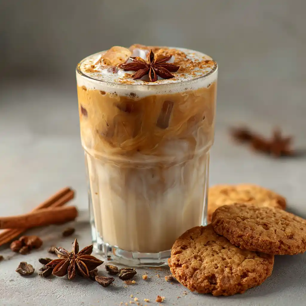 Iced vanilla chai tea latte served with cinnamon topping