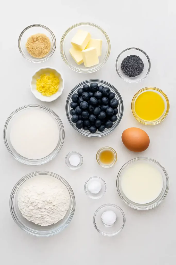 ingredients for blueberry poppy seed lemon muffins