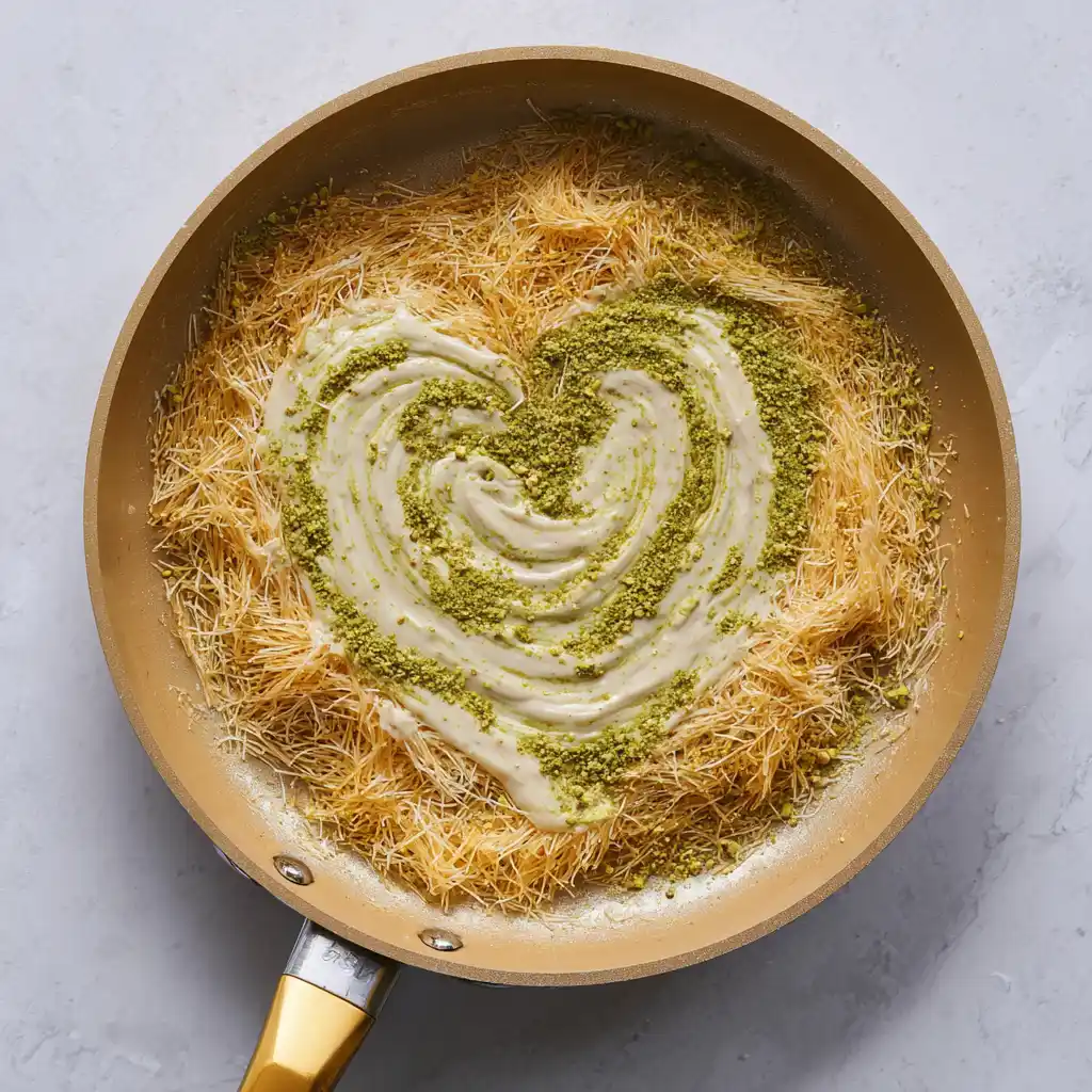 Pistachio cream mixed into toasted kataifi dough in a golden skillet