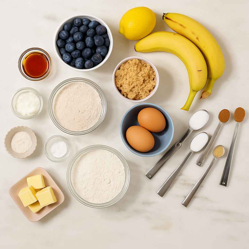 Ingredients for lemon blueberry banana bread including bananas, blueberries, flour, eggs, and sugar on a marble surface