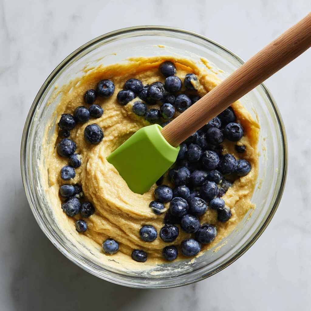 Folding fresh blueberries into banana bread batter with a spatula