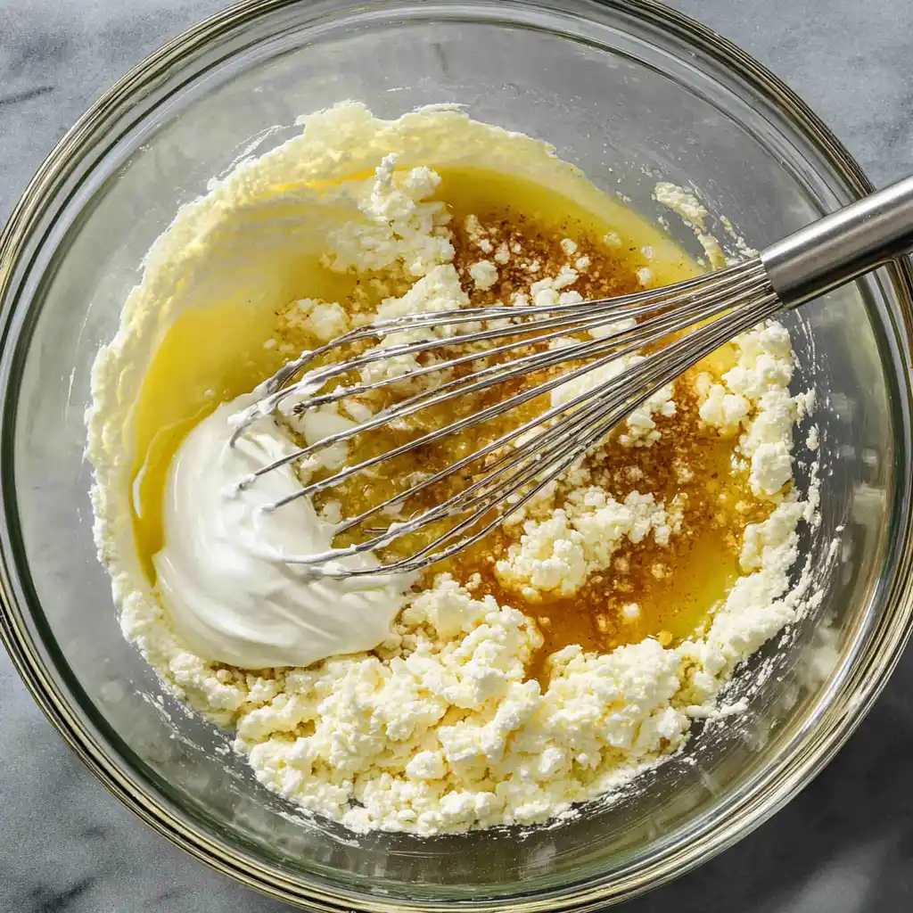 Mascarpone cheese, sugar, and cream being mixed in glass bowl