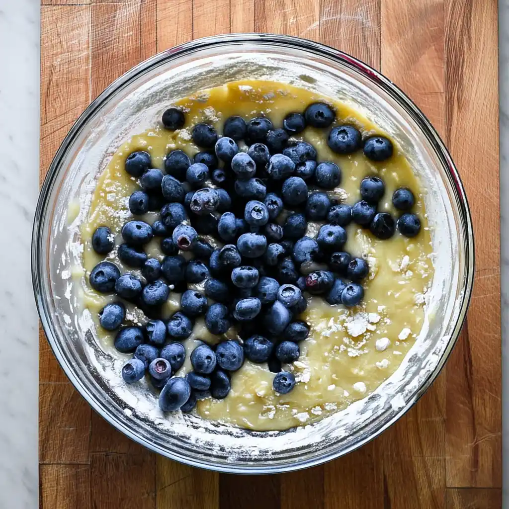 Fresh blueberries folded into lemon cake batter in a glass bowl