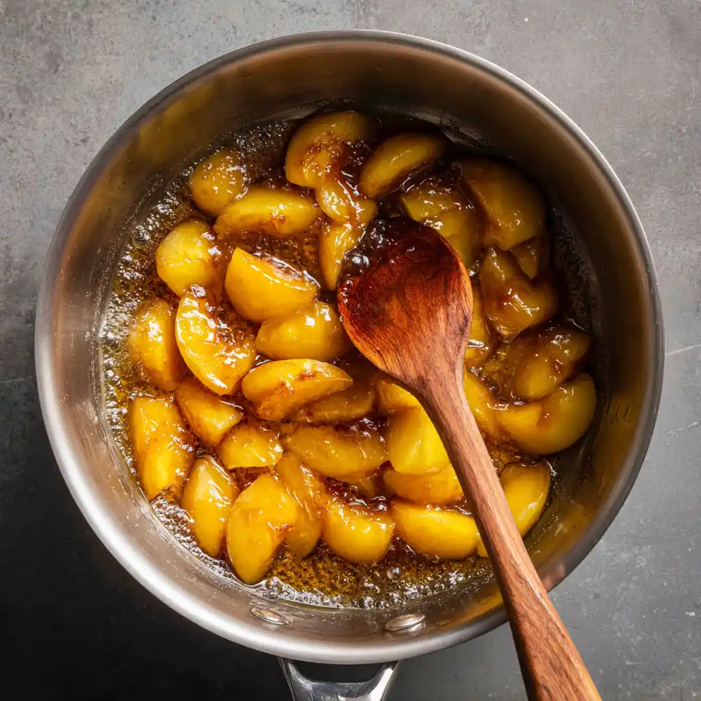 Cooking peach cobbler filling in saucepan