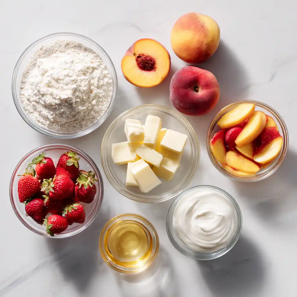Peach strawberry shortcake ingredients laid out