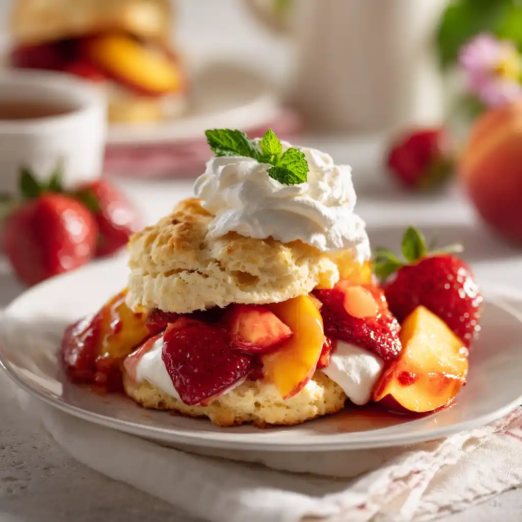 Plated peach strawberry shortcake ready to eat