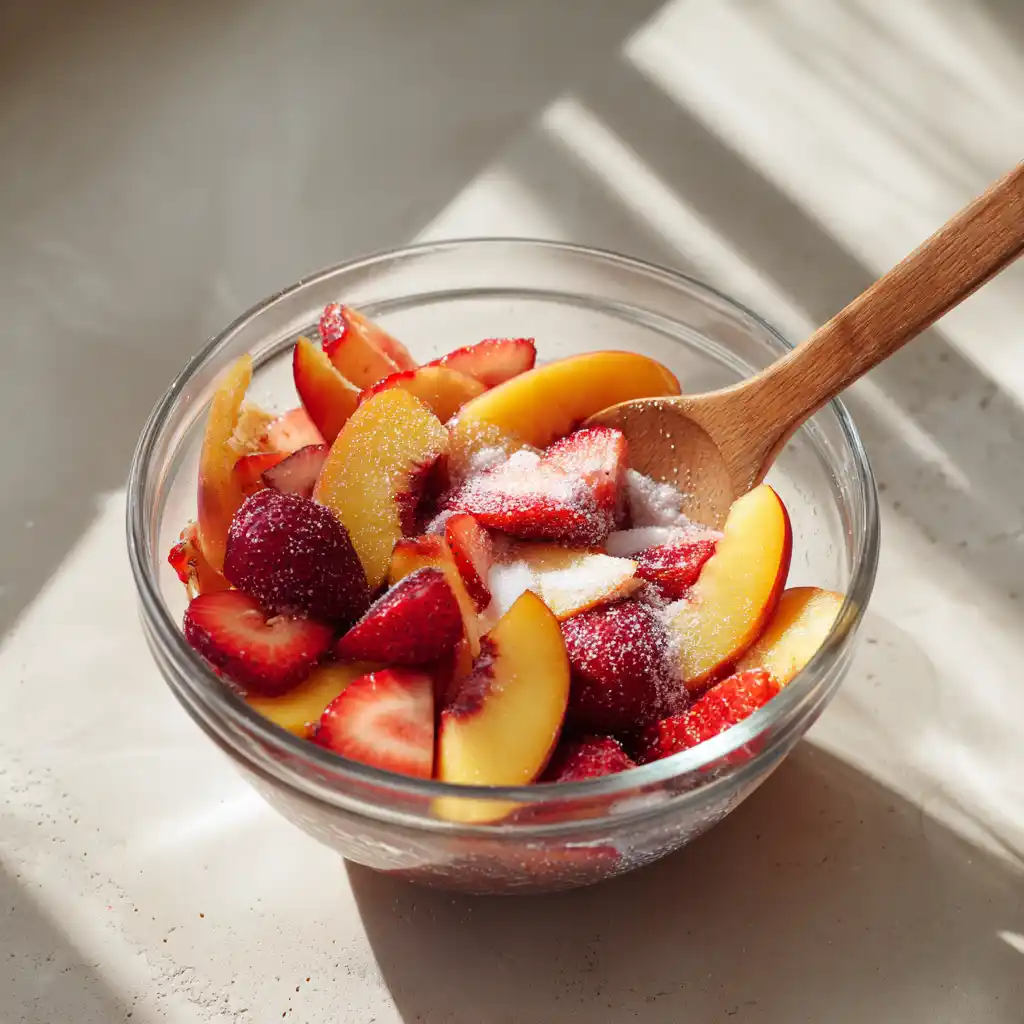 Macerating peaches and strawberries for shortcake