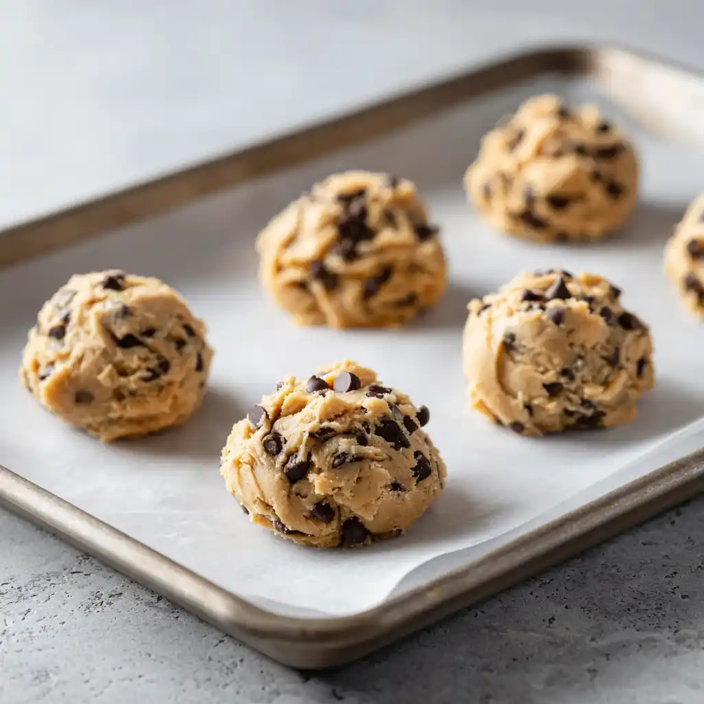 Protein cookie dough mounds on baking tray