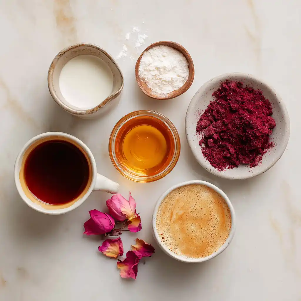 Rose latte ingredients flat lay including rose water and espresso