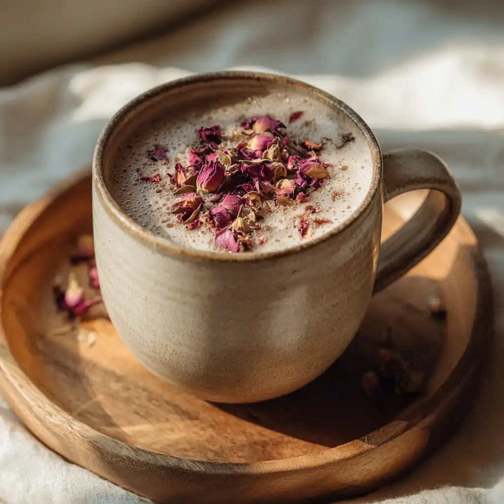 Rose latte in cozy ceramic mug with rose petal garnish