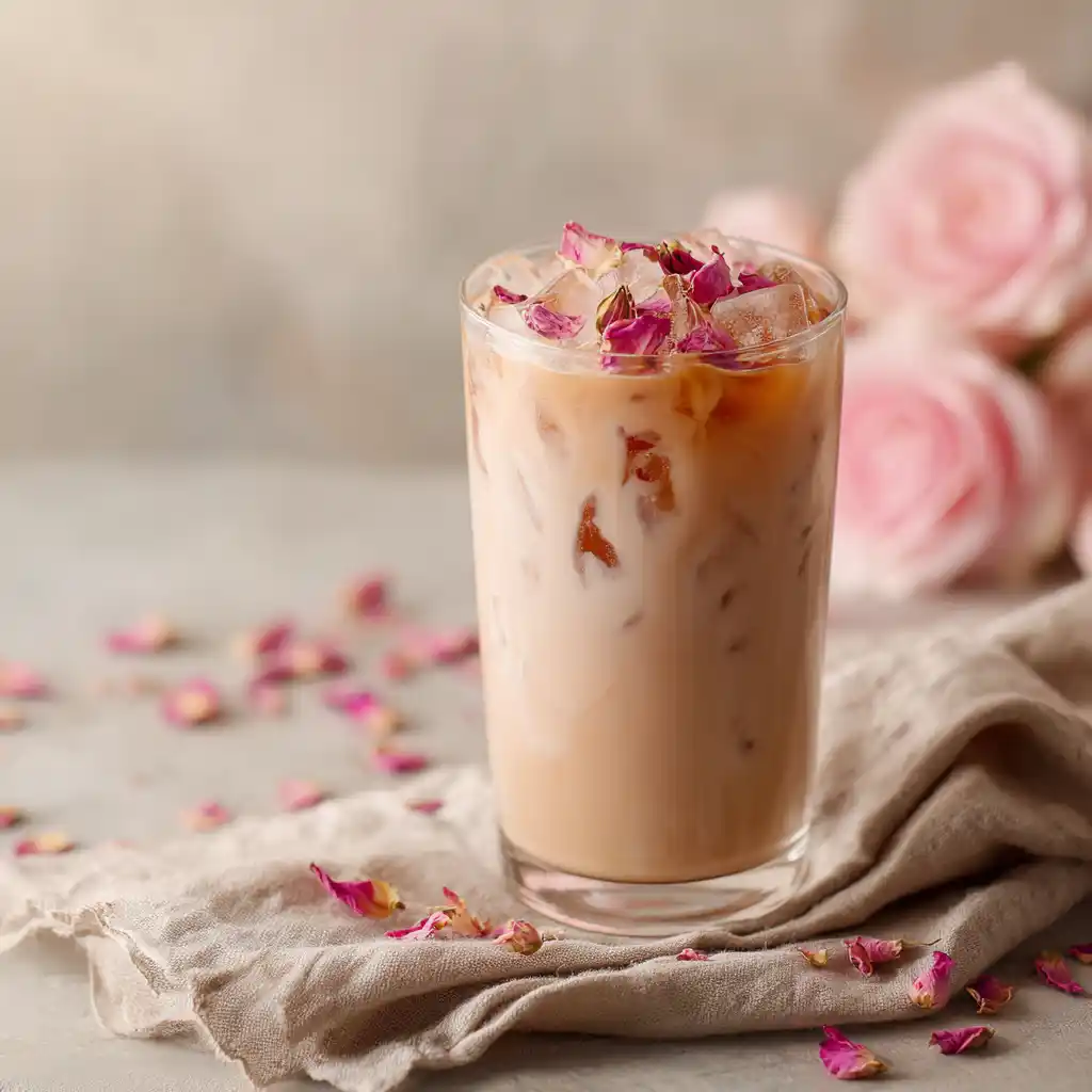 Iced rose latte with rose petal garnish in tall glass