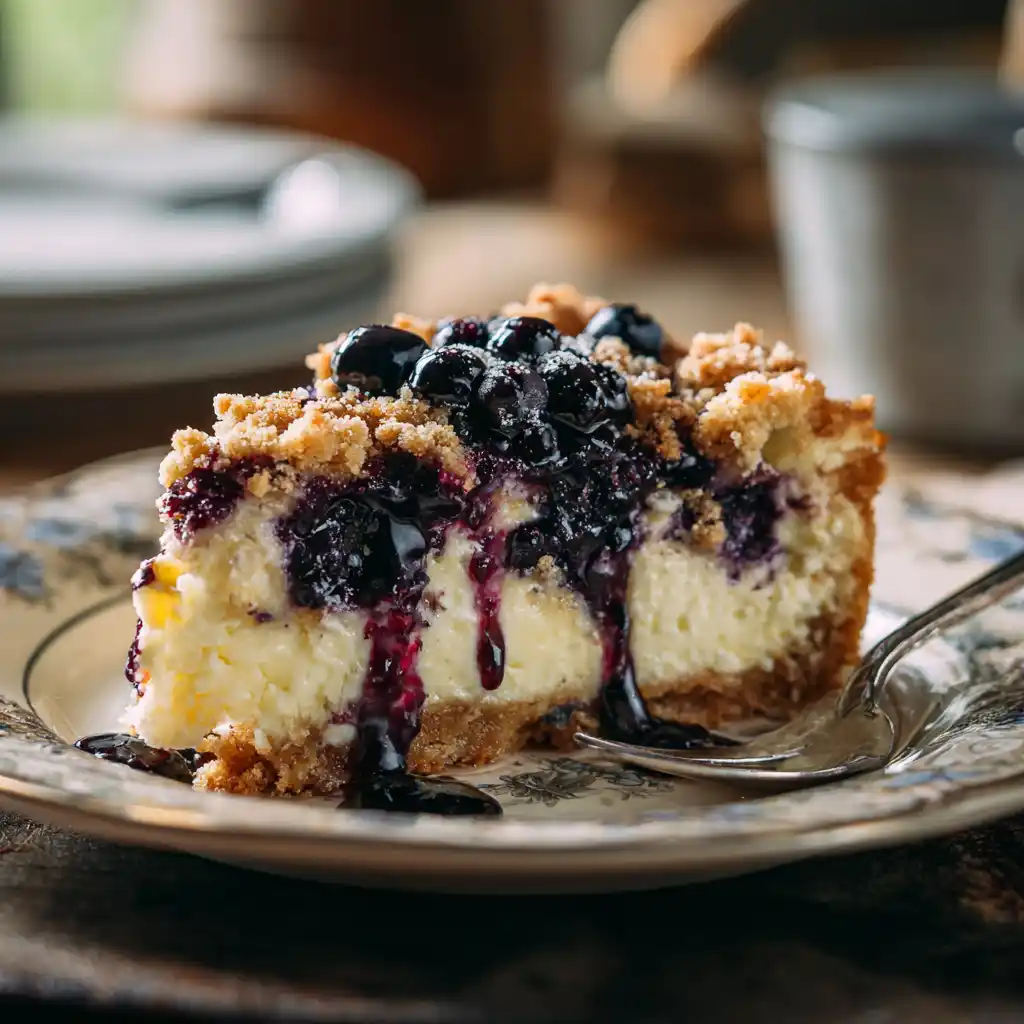 Slice of blueberry cobbler cheesecake with fresh berries