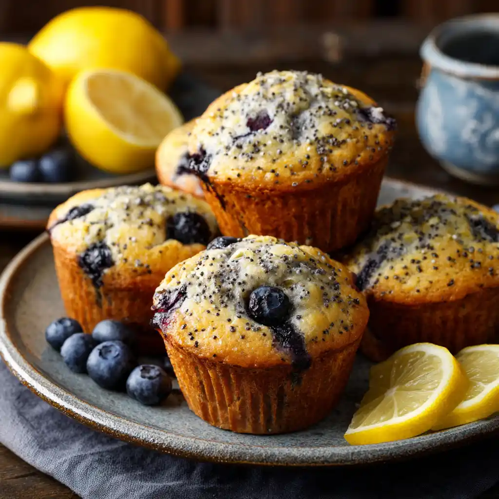served blueberry poppy seed lemon muffins with lemon slices