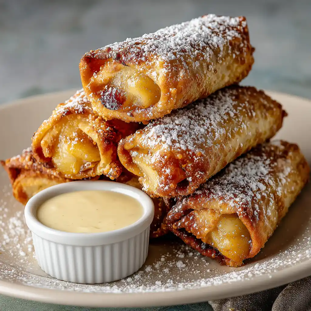 Served peach cobbler egg rolls with sauce