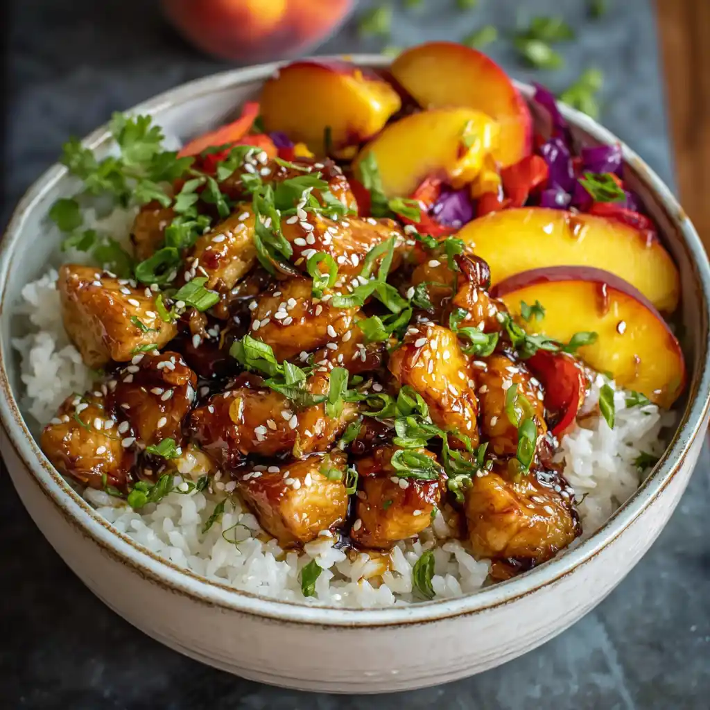 Served Air Fryer Peach Teriyaki Chicken Bowl